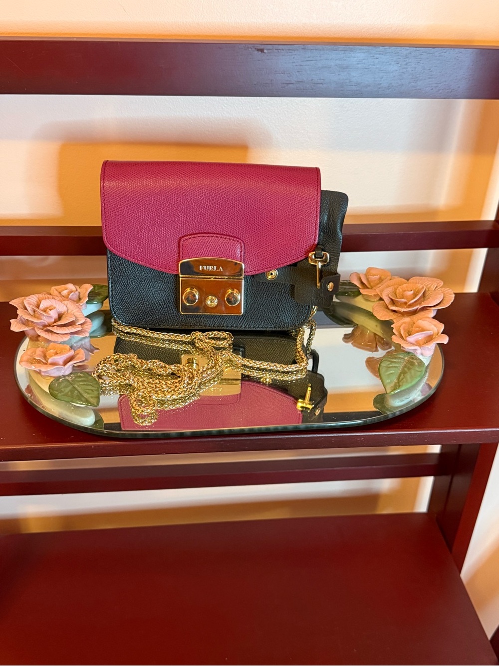 Furla Black and Fuchsia Leather Chain Crossbody